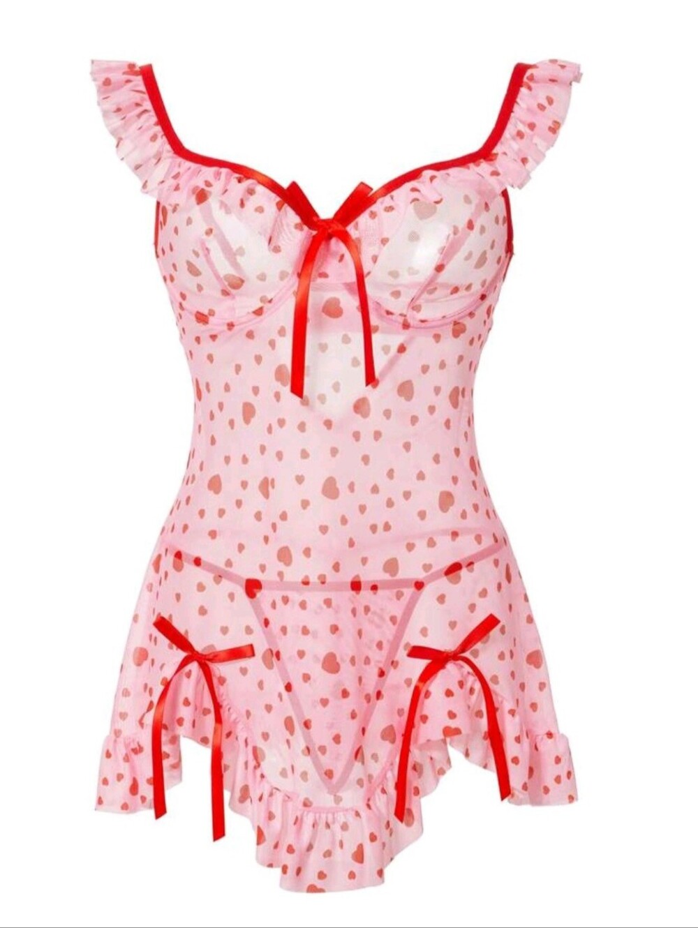Sheer Pink & Red Heart-Print Mesh Chemise with Bow Details